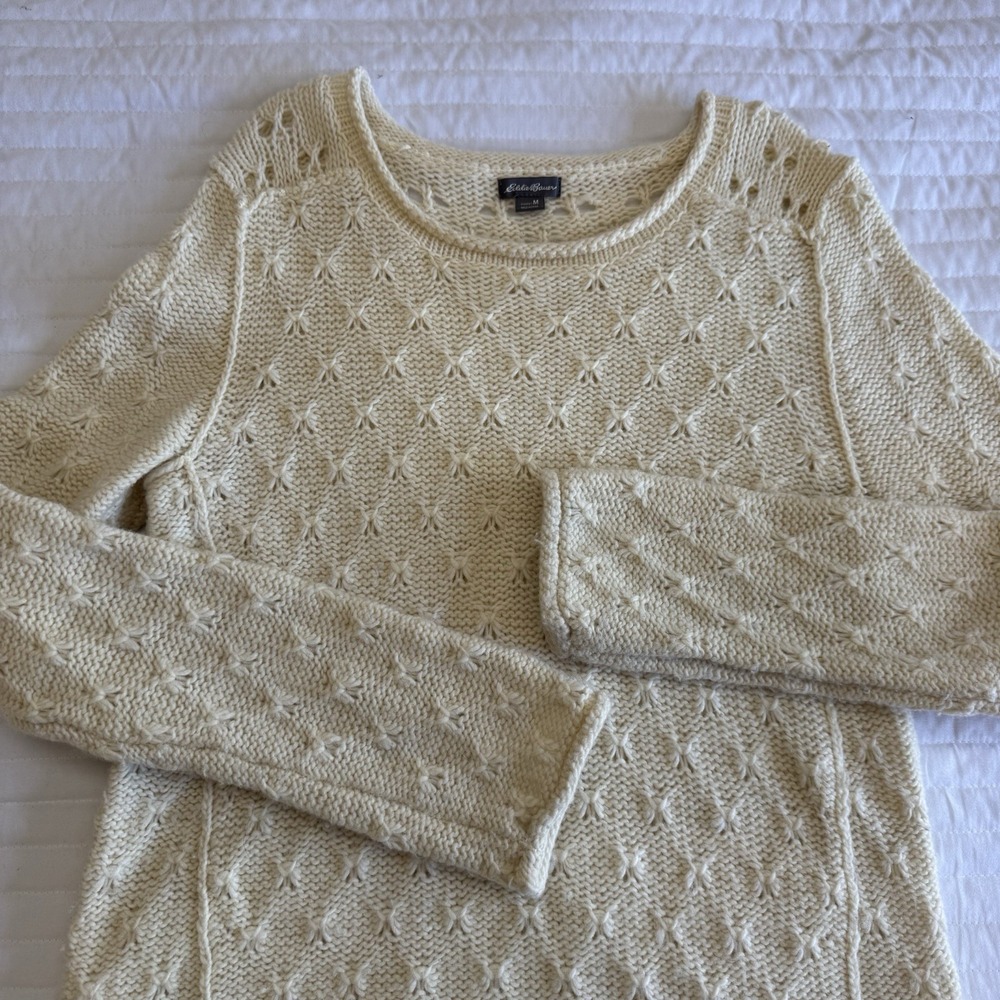 Eddie Bauer Lambswool Camel Hair Knit Sweater Ivory Cream High Low Hem Medium